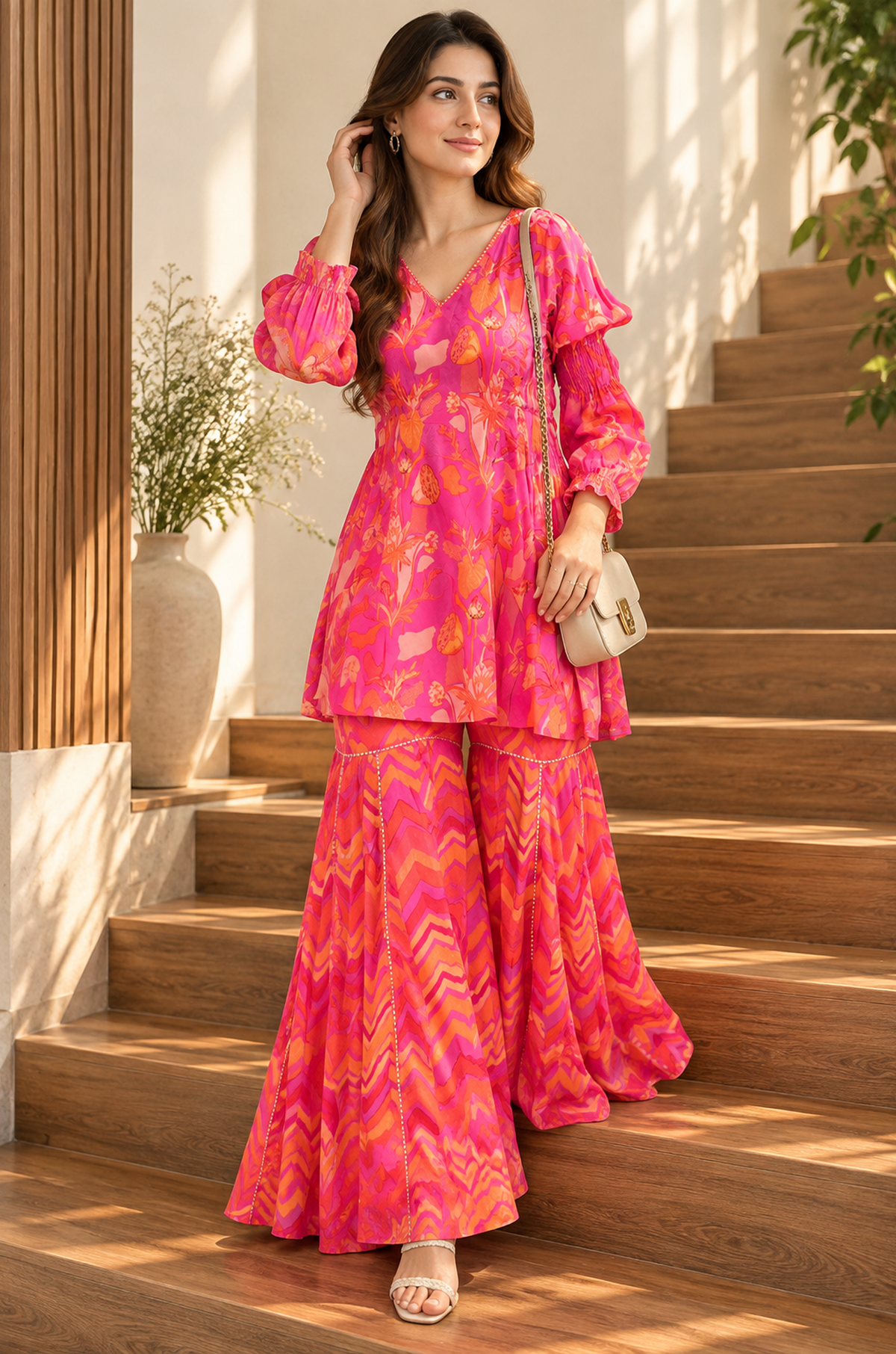 Pink Printed Peplum Kurta & Sharara Set for Women