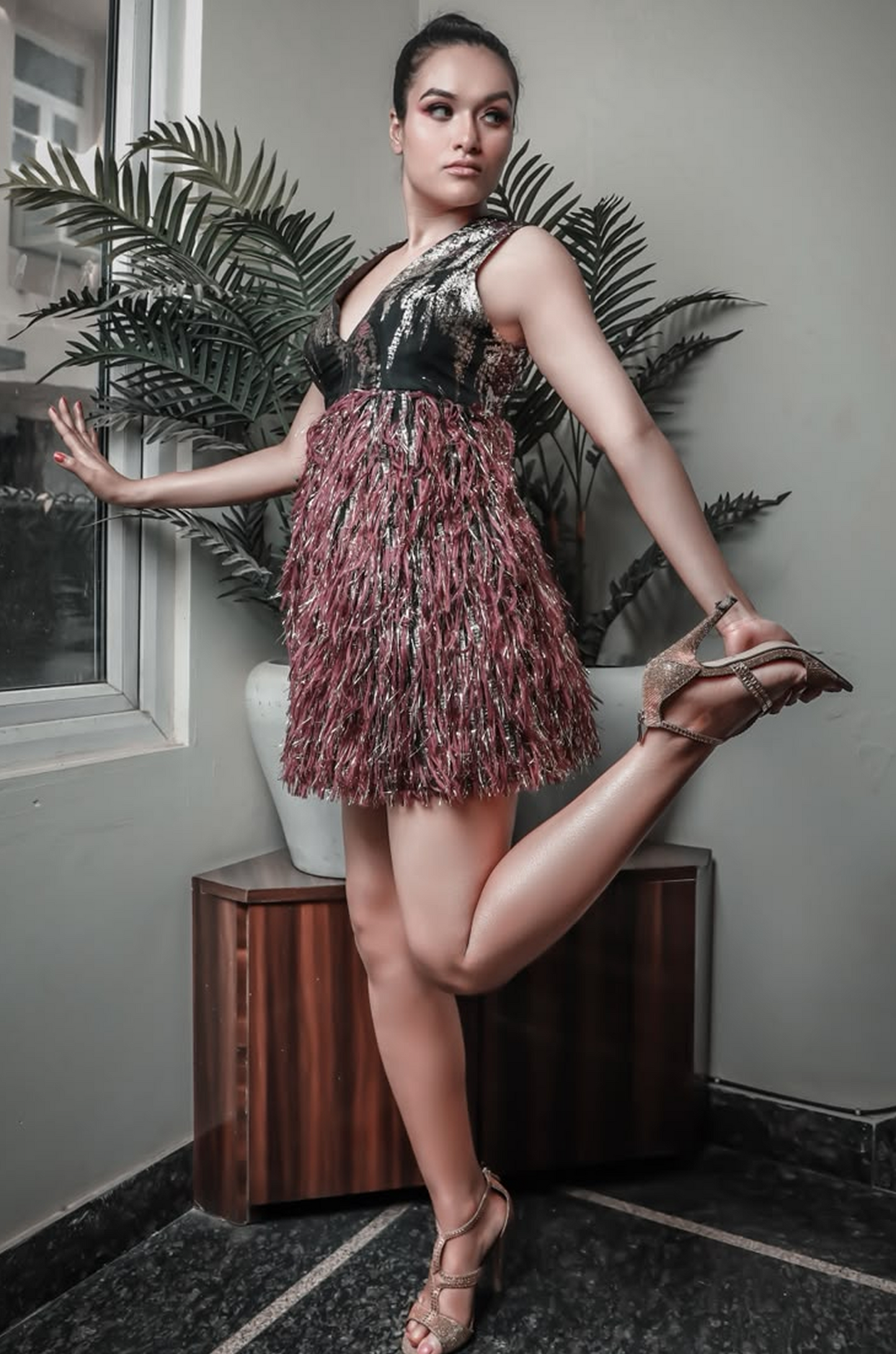 Plum Shimmer Fringe Party Dress