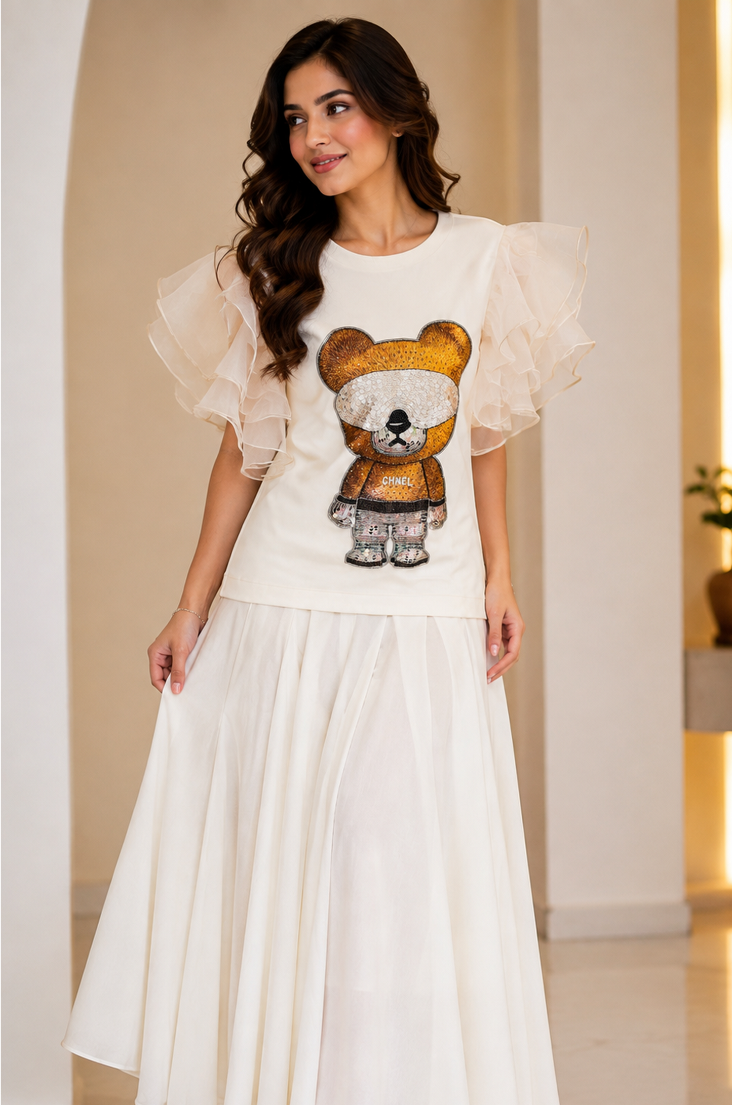 Ivory Teddy Embellished Organza Sleeve Top