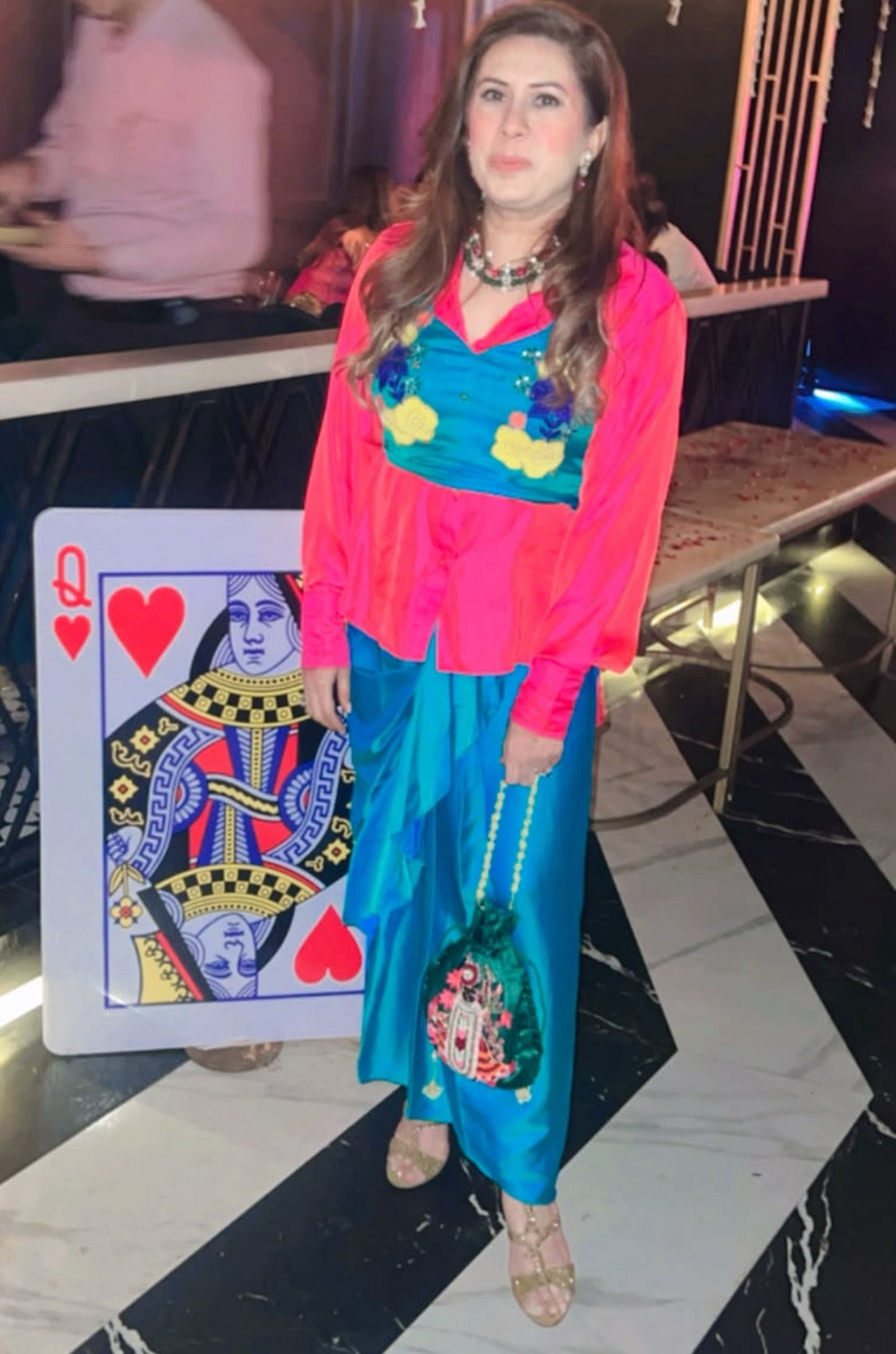 Pink & Teal Embellished Co-Ord Set with Draped Pants
