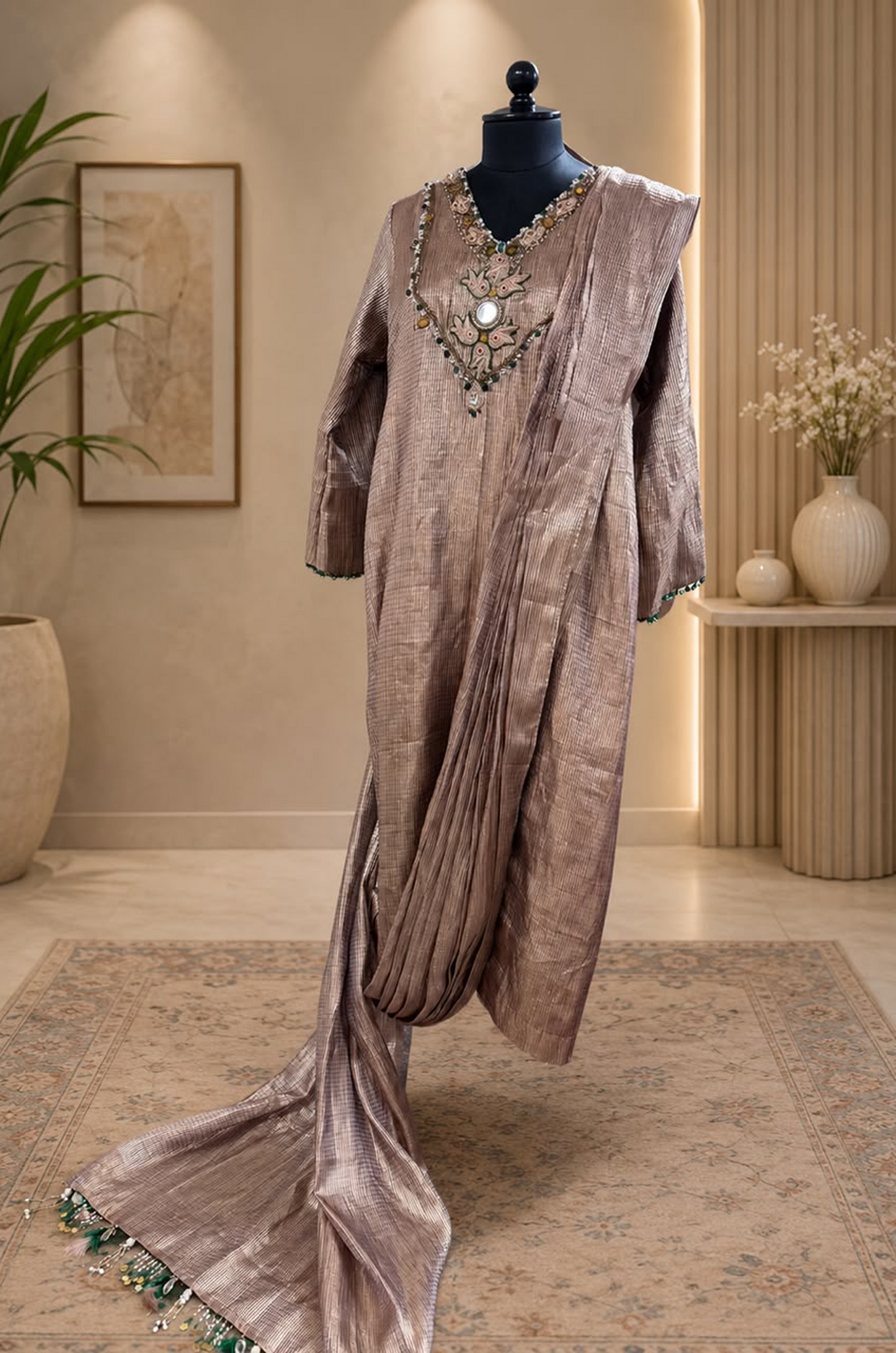 Taupe Shimmer Embroidered Kurta Set with Draped Dupatta