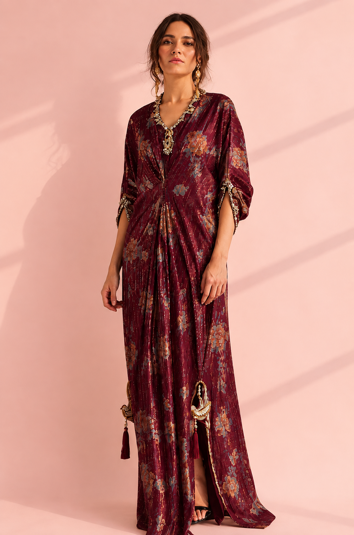 Wine Floral Printed Embellished Kaftan Dress for Women