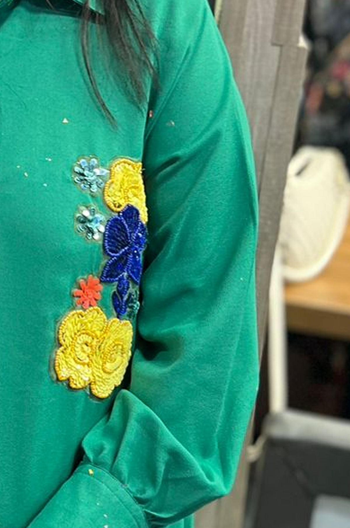 Emerald Green Floral Embroidered Shirt for Women