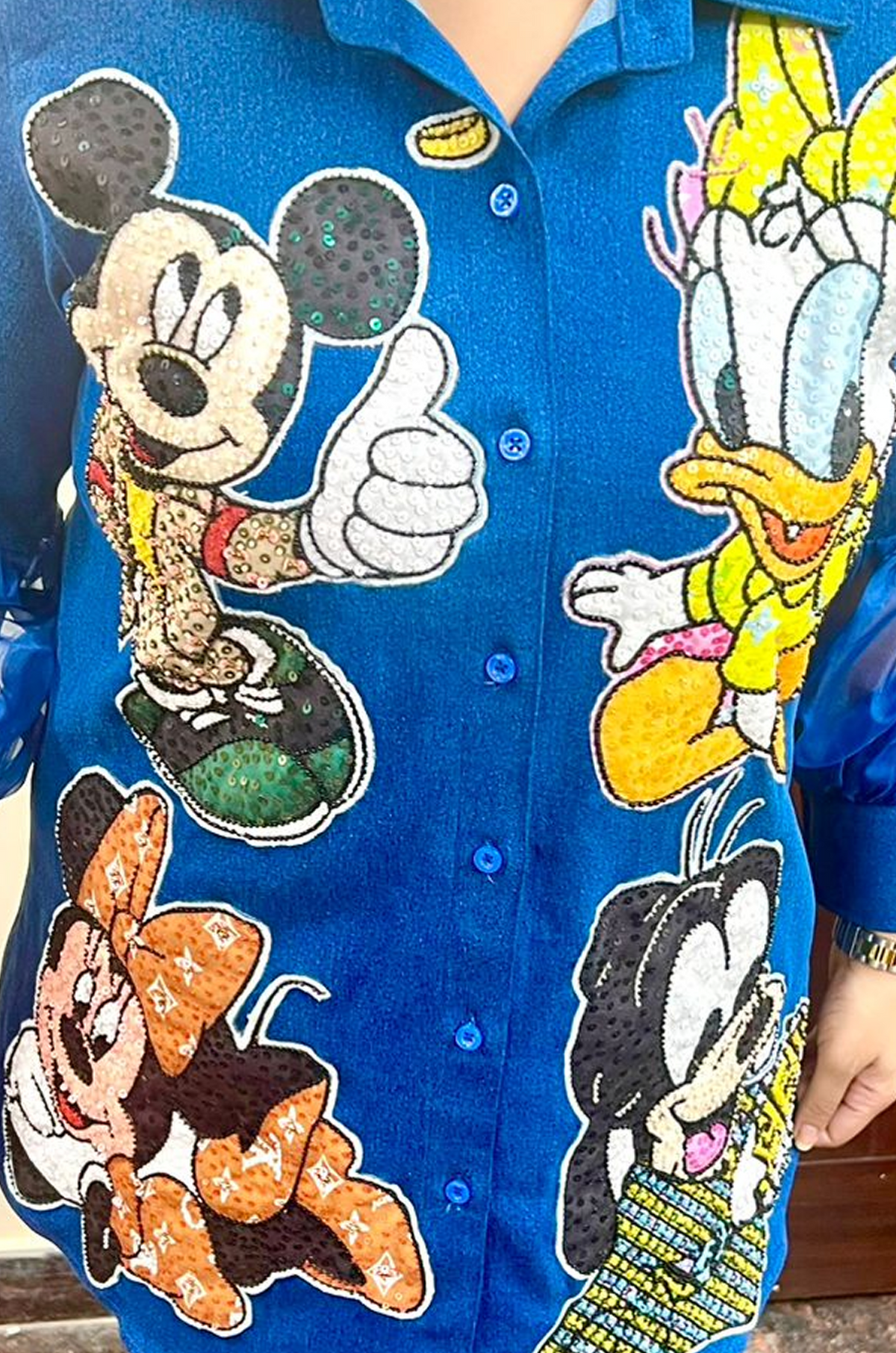 Blue Cartoon Character Embroidered Shirt for Women