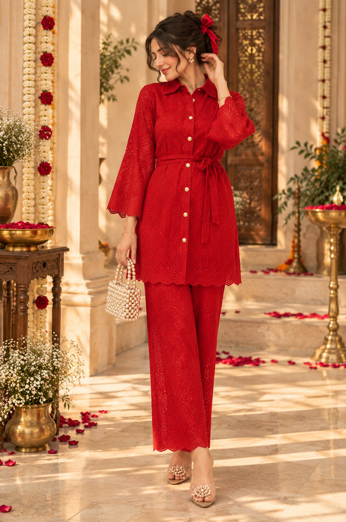 Ruby Red Lace Co-Ord Set for Women – Belted Shirt & Straight Pants