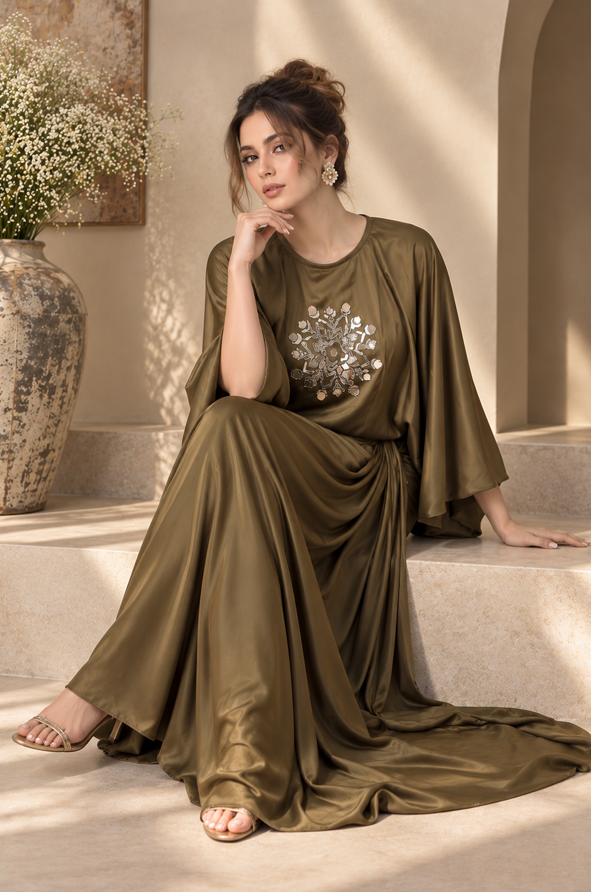 Olive Satin Draped Dress for Women – Mirror Embellished Designer Evening Dress