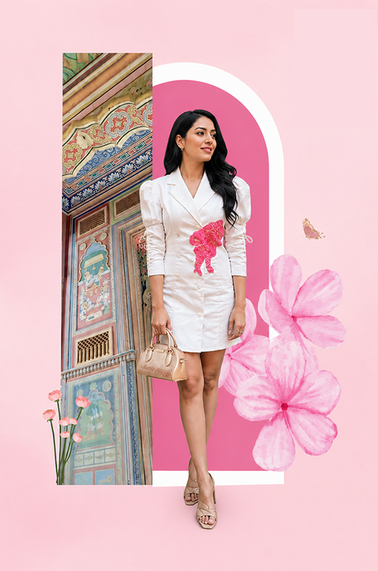 White Floral Appliqué Blazer Dress
