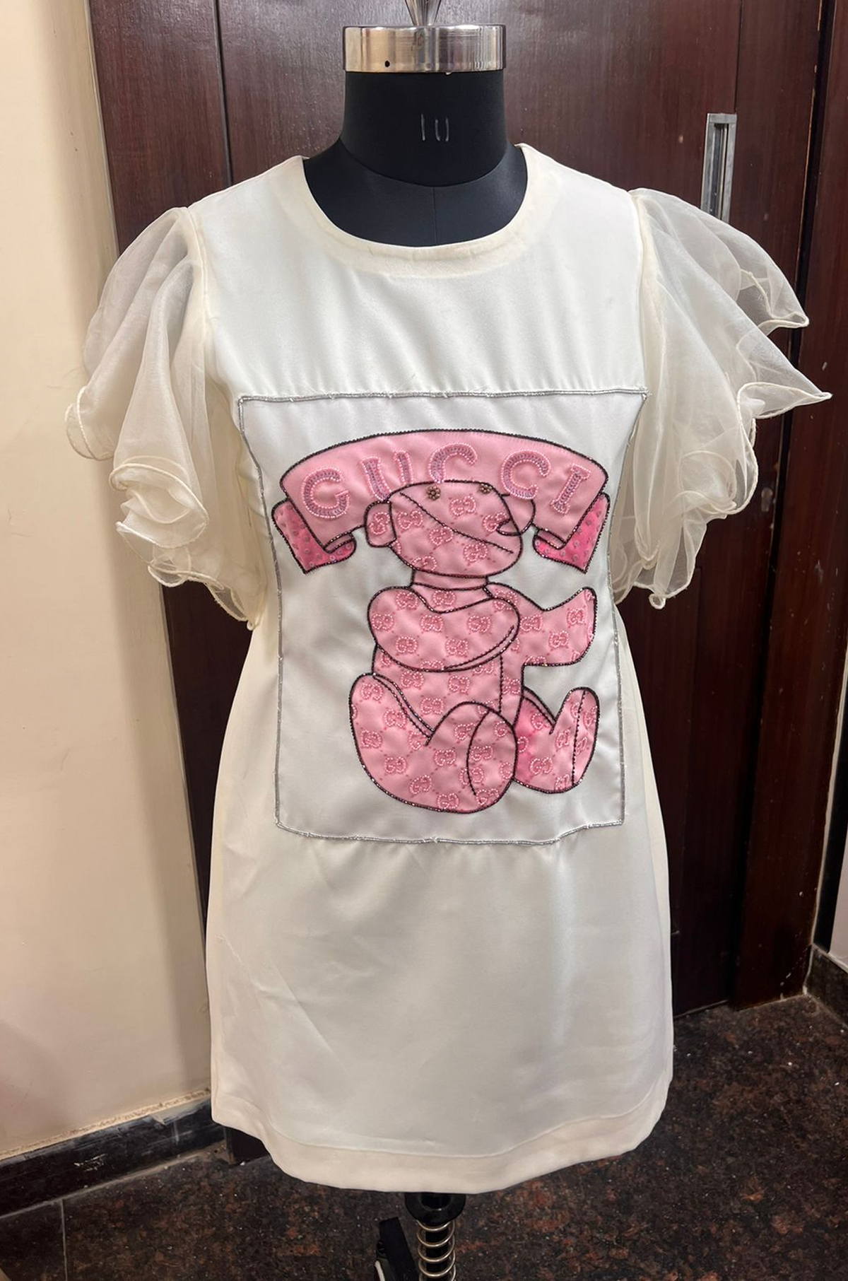 Gigi Pink Teddy Appliqué Ruffle Sleeve Shirt Dress