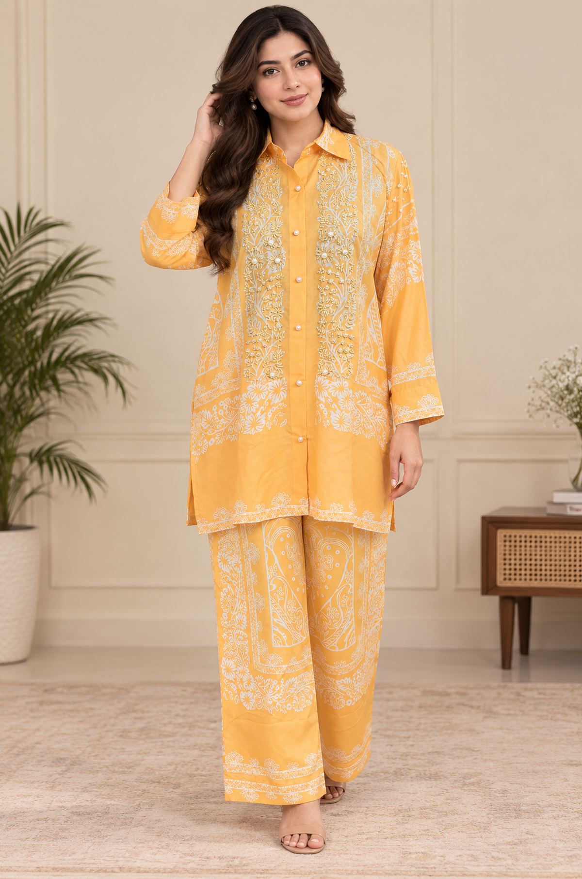Mustard Yellow Printed 2-Piece Co-Ord Set