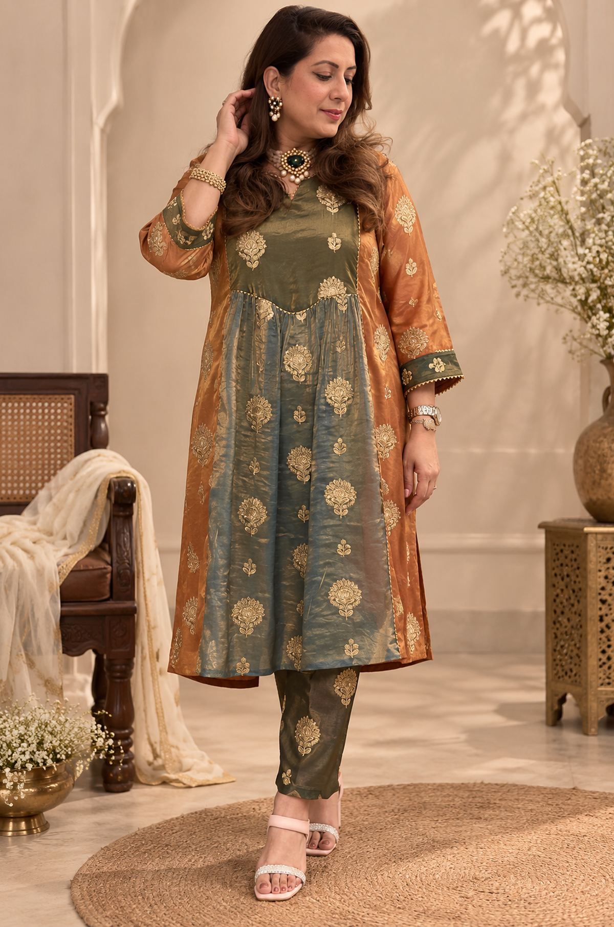 Olive Green & Rust Printed 2-Piece Ethnic Set