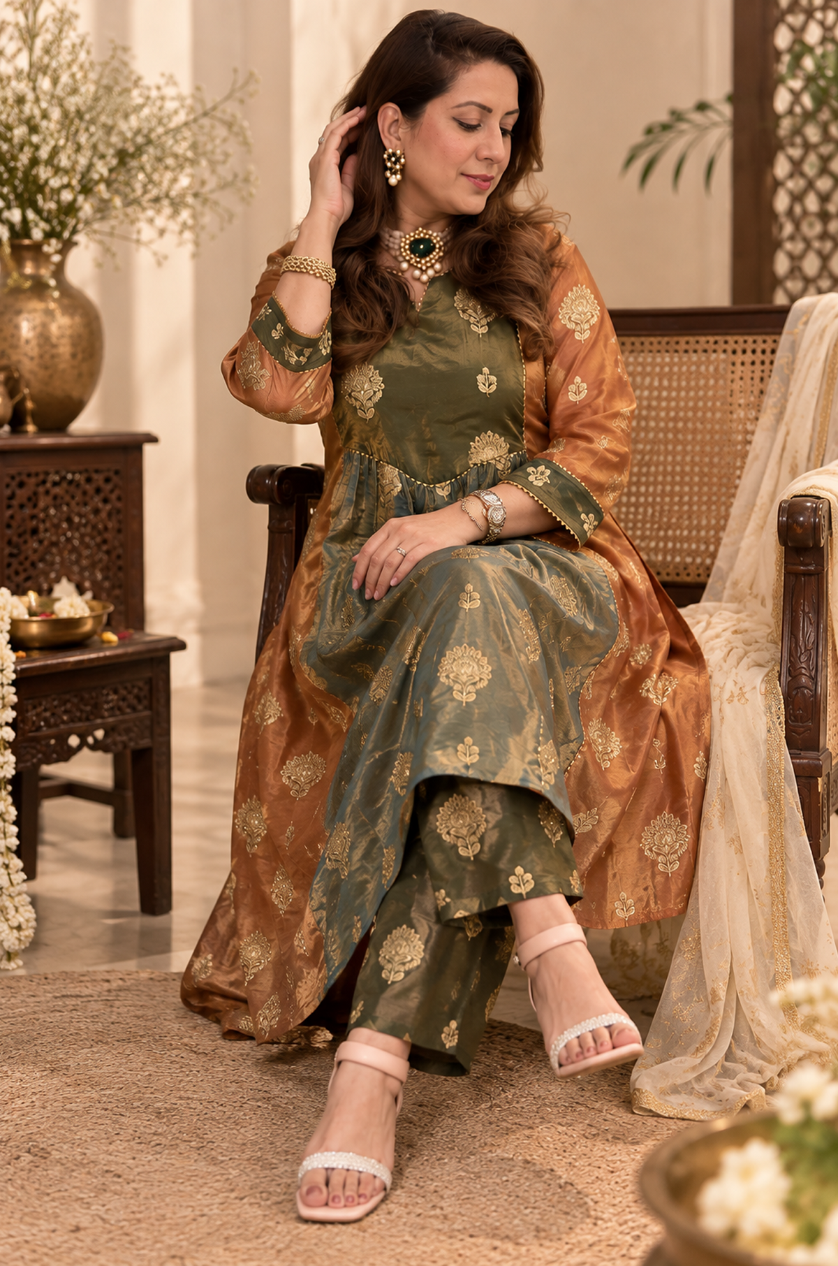 Olive Green & Rust Printed 2-Piece Ethnic Set