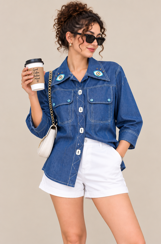Denim Blue Embellished Shirt