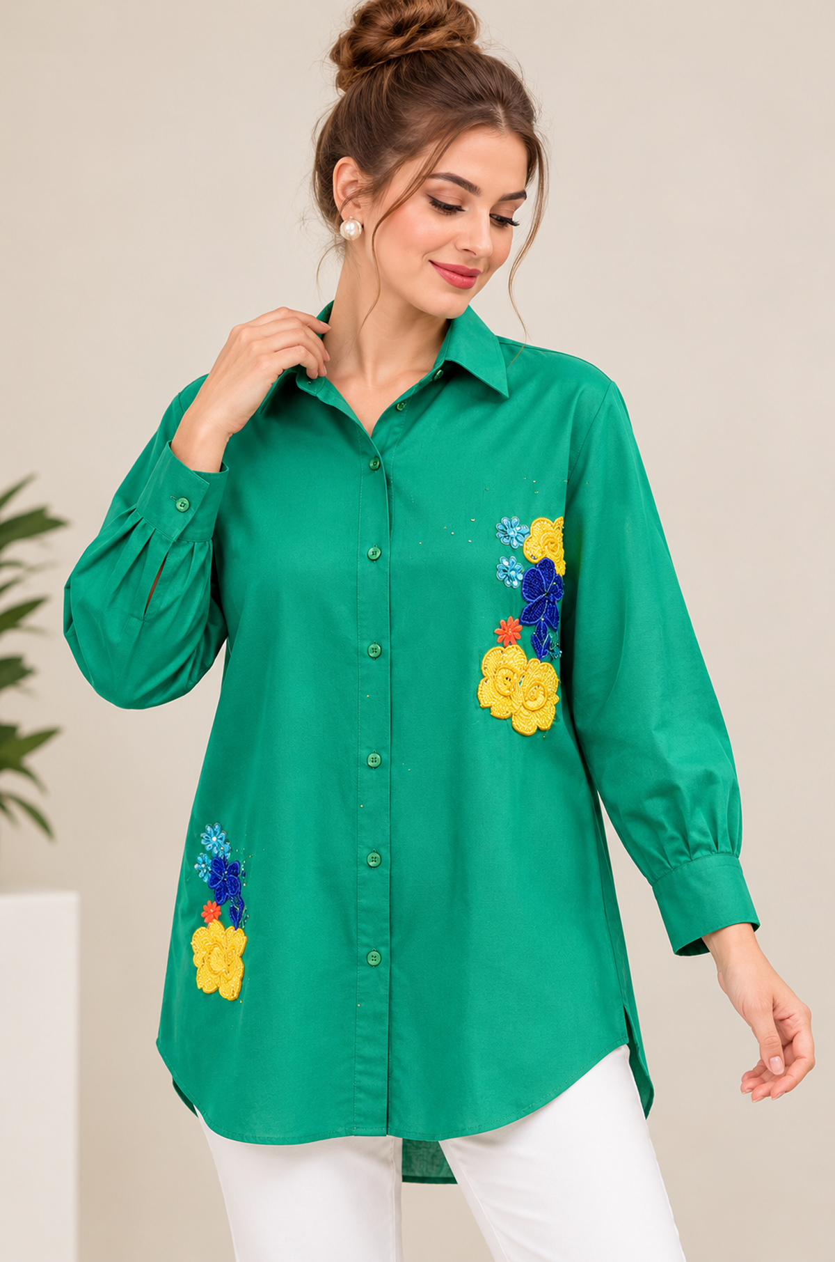 Emerald Green Floral Embroidered Shirt for Women