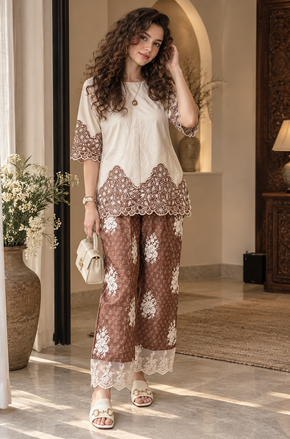 White Lace Hem Kurta with Printed Straight Pants Set
