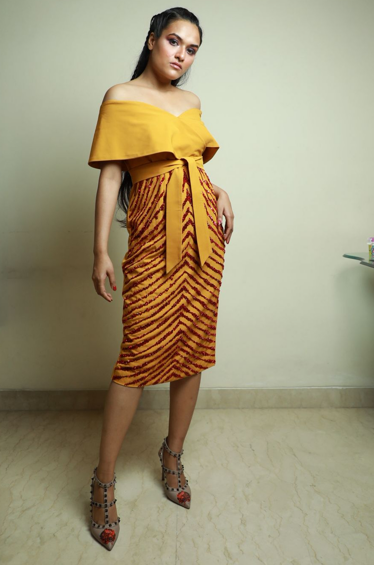 Mustard Off-Shoulder Sequin Midi Dress