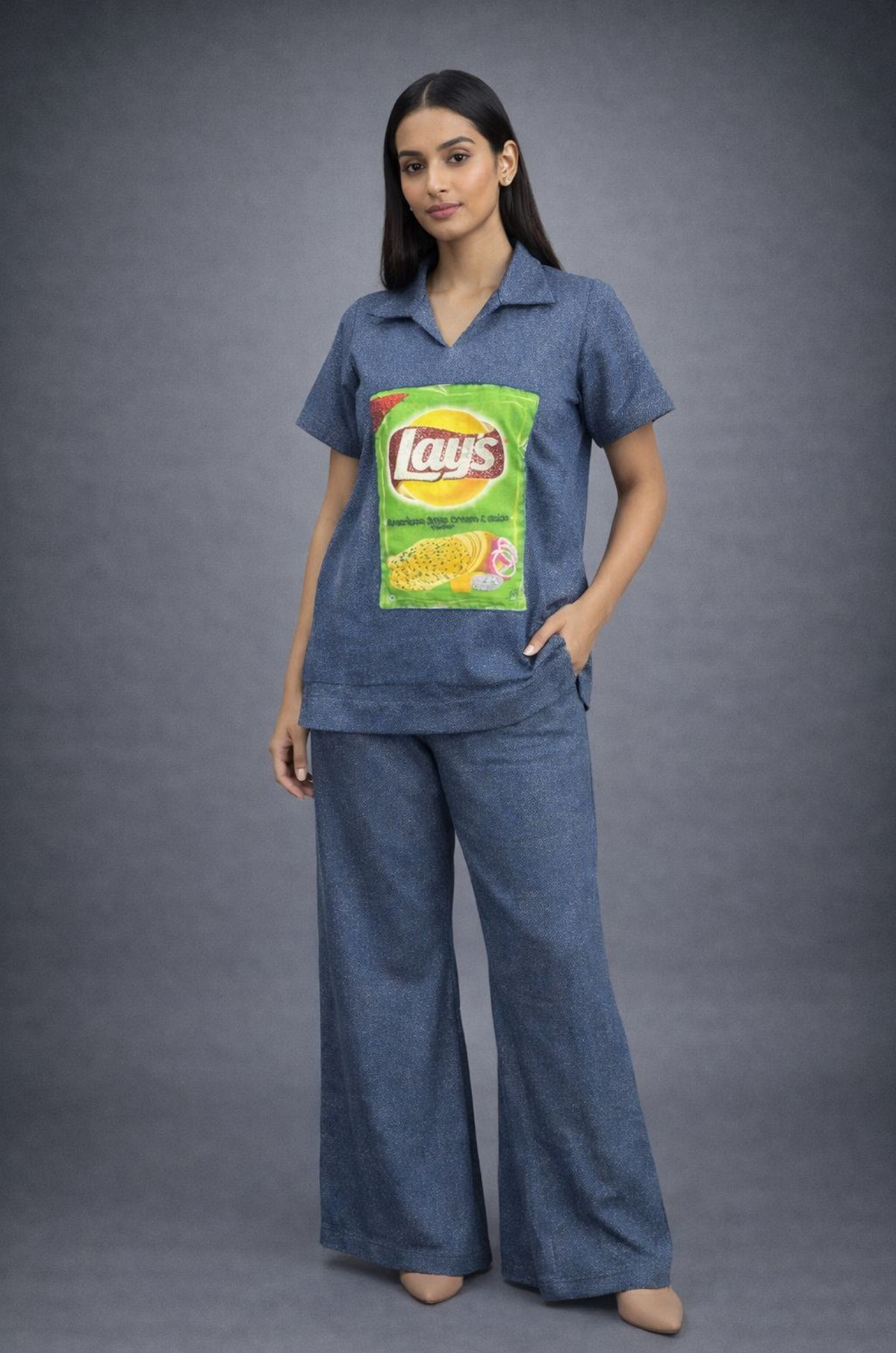 Blue Denim-Inspired Co-Ord Set with Graphic Detail