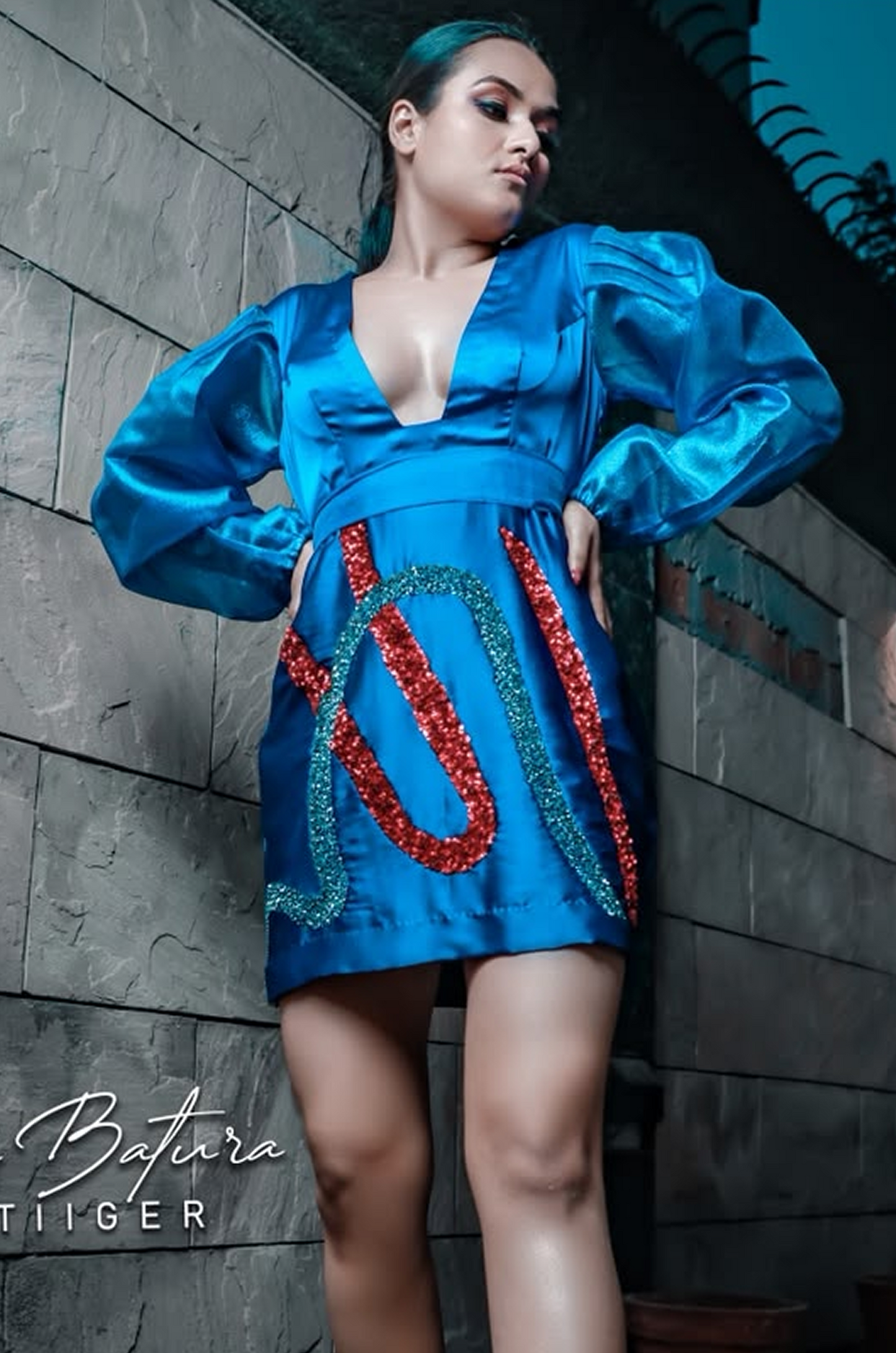 Azure Embellished Satin Mini Dress