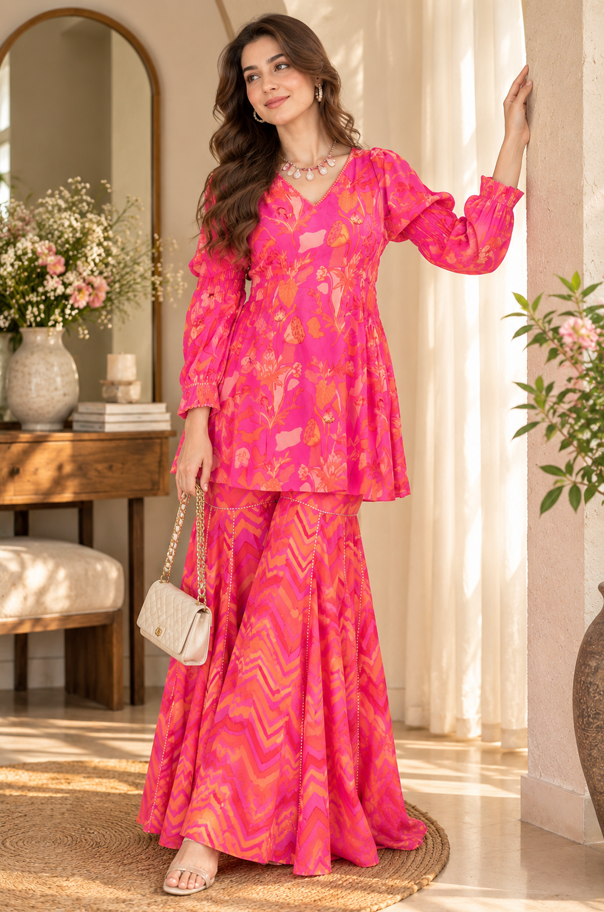 Pink Printed Peplum Kurta & Sharara Set for Women