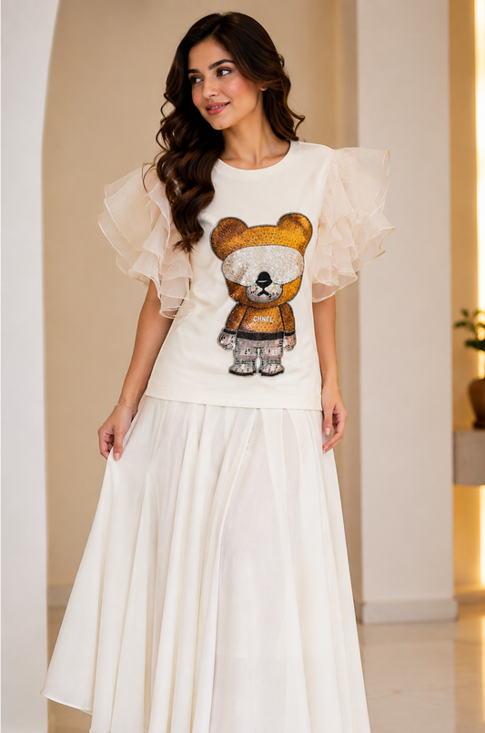 Ivory Teddy Embellished Organza Sleeve Top