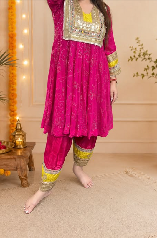 Fuchsia Mirror Work Kurta & Dhoti Pant Set