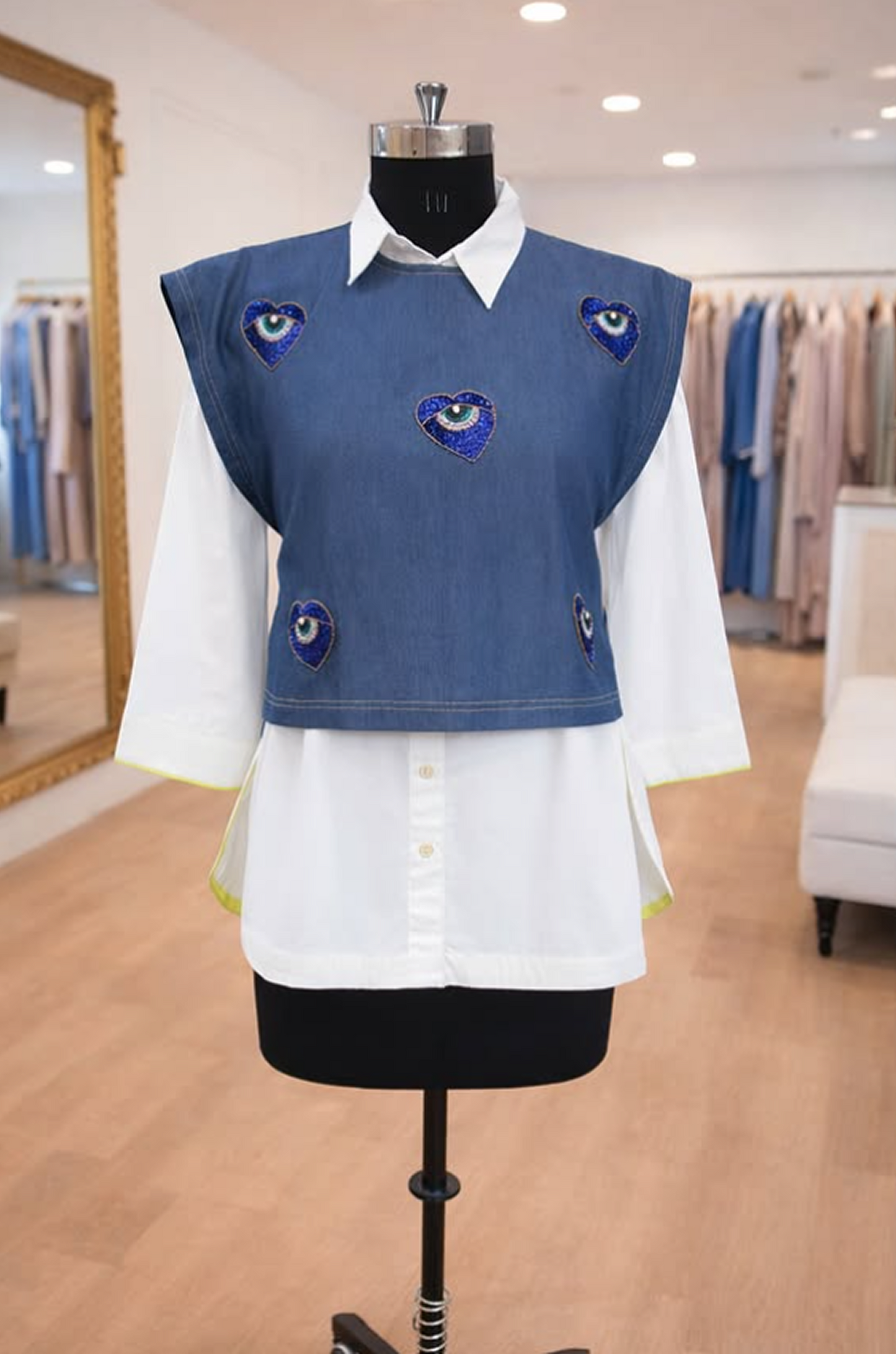 Denim Evil Eye Layered Shirt Top