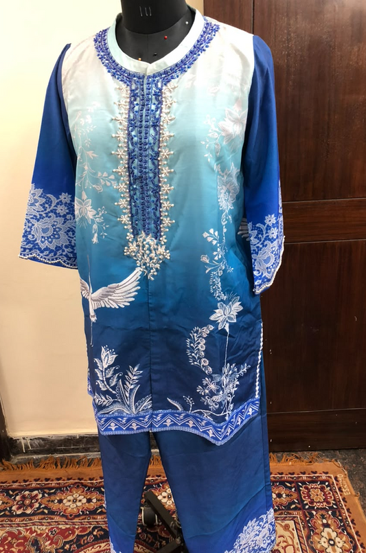 Blue Ombre Printed Kurta Set with Embroidered Neckline