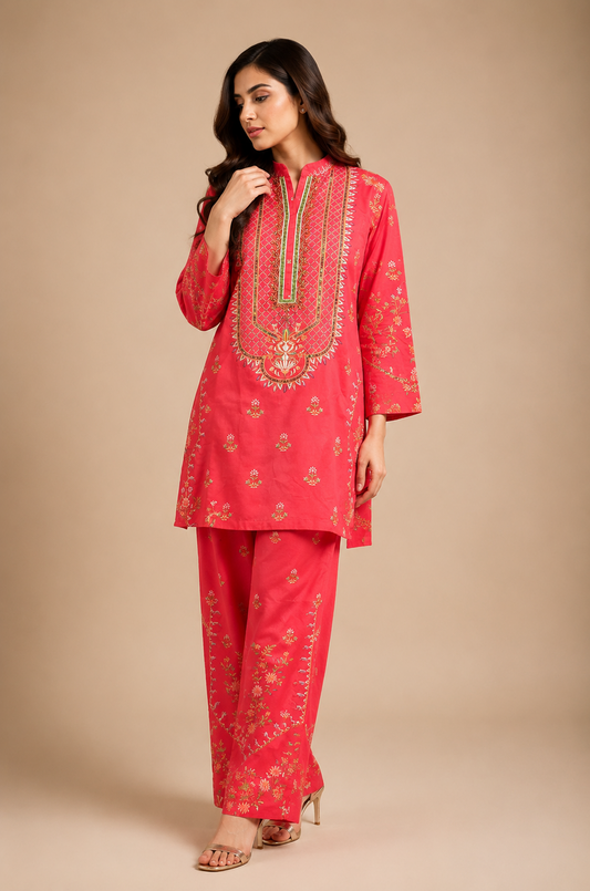 Coral Pink Printed Kurta Set with Straight Pants