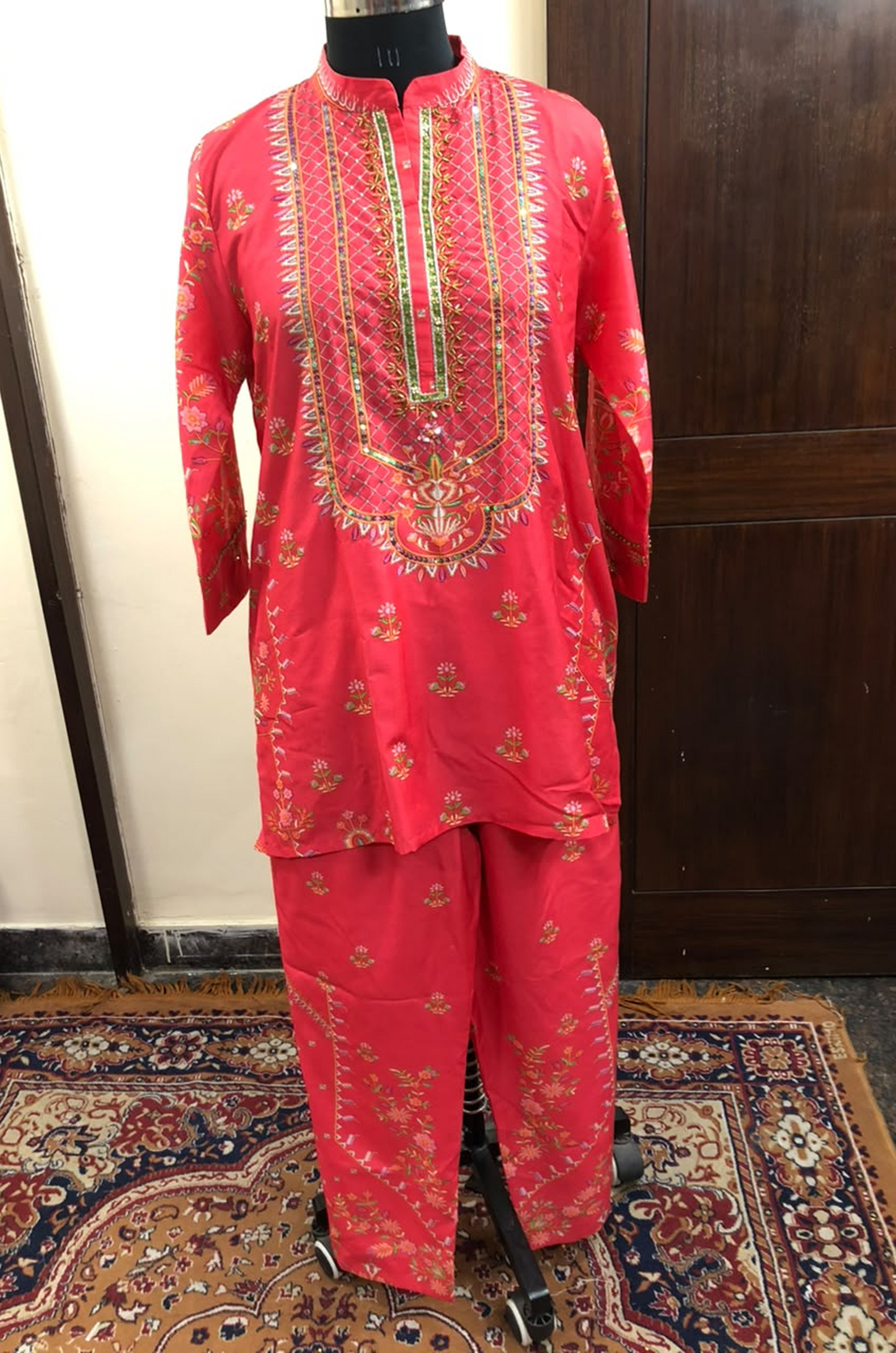 Coral Pink Printed Kurta Set with Straight Pants