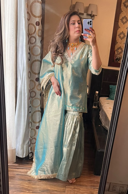 Sky Blue Silk Kurta Sharara Set with Dupatta