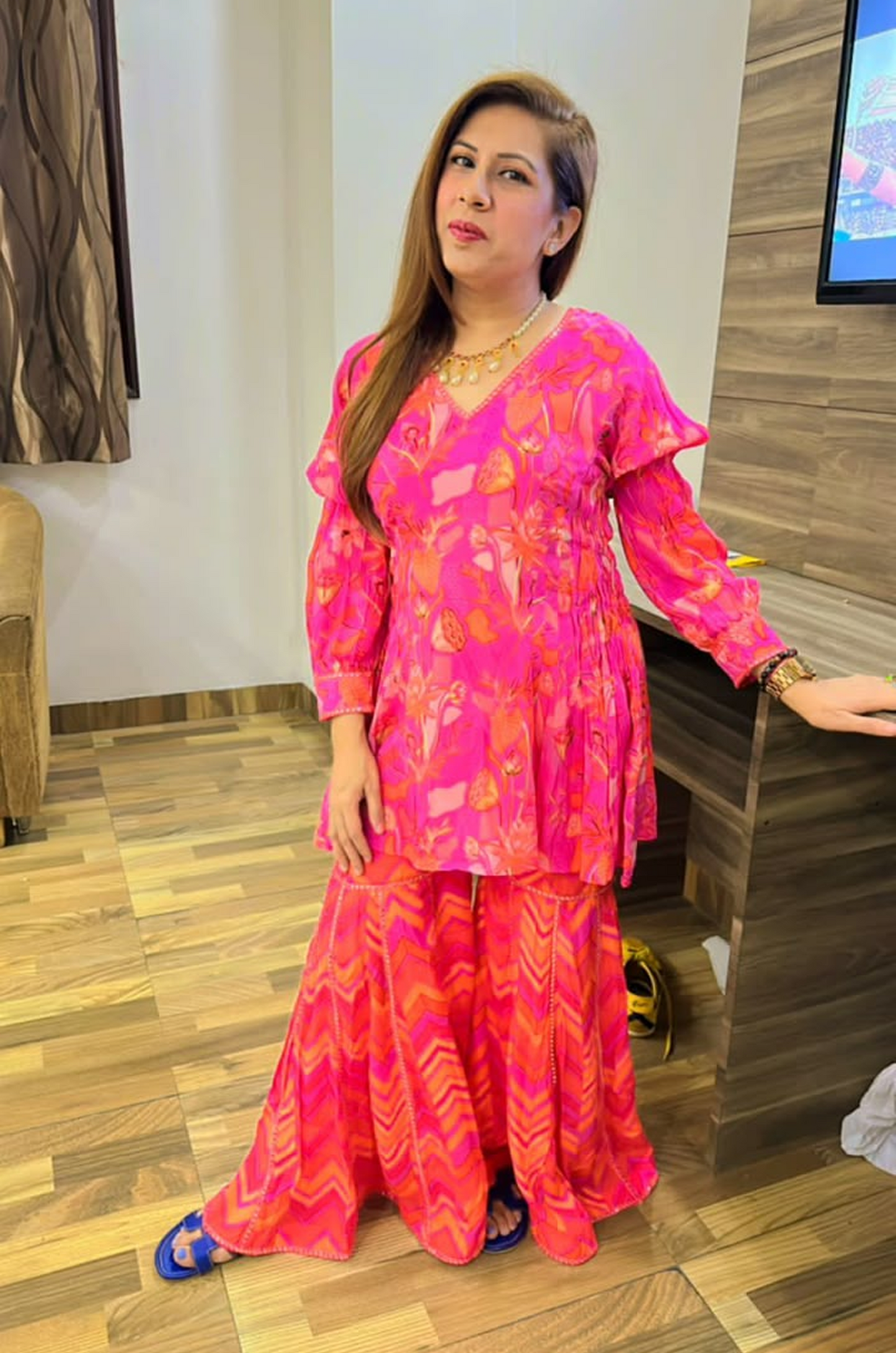Pink Printed Peplum Kurta & Sharara Set for Women