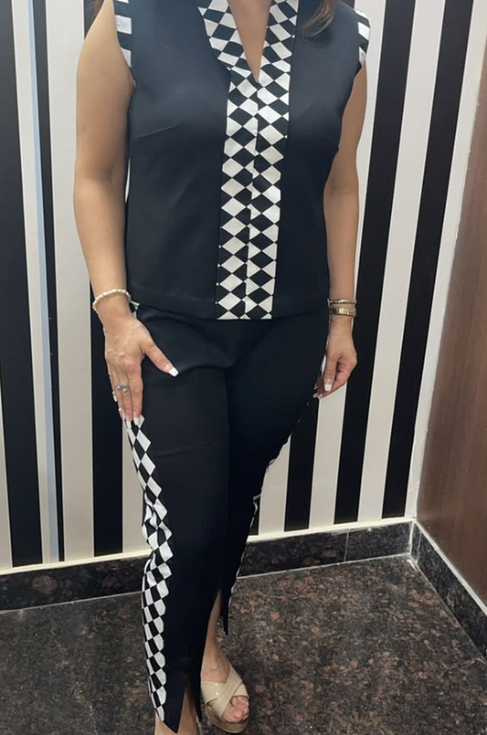 Black & White Geometric Co-Ord Set for Women – Sleeveless Contemporary Set