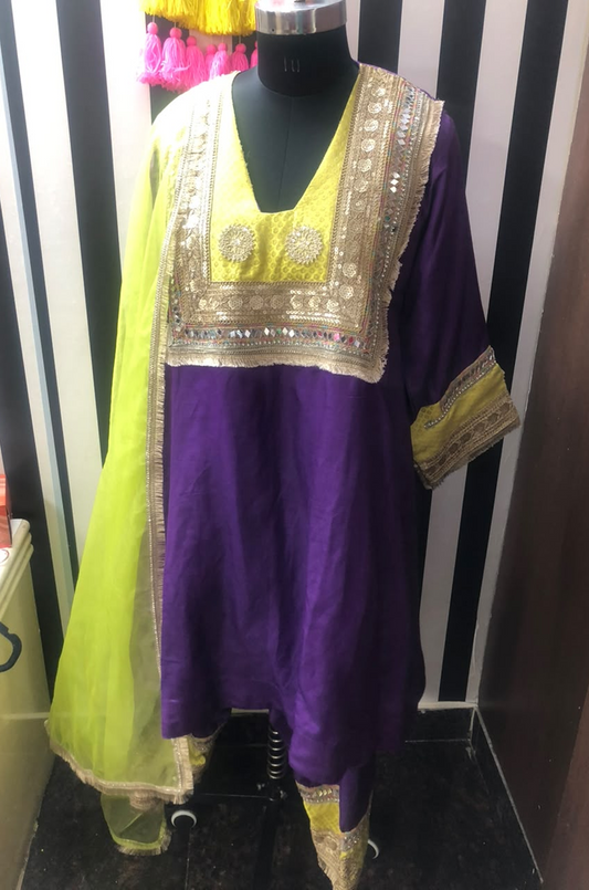 Royal Purple & Lime Green Embroidered Kurta Set with Organza Dupatta