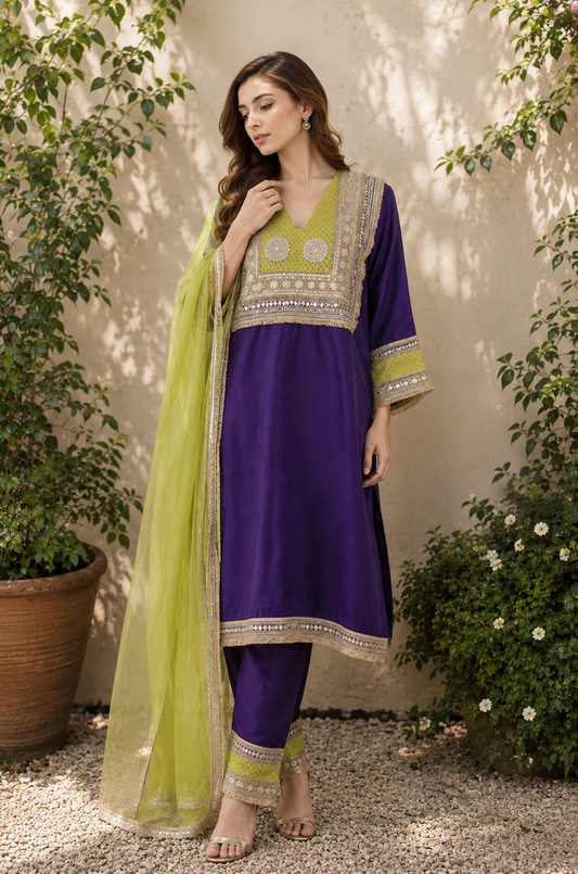 Royal Purple & Lime Green Embroidered Kurta Set with Organza Dupatta