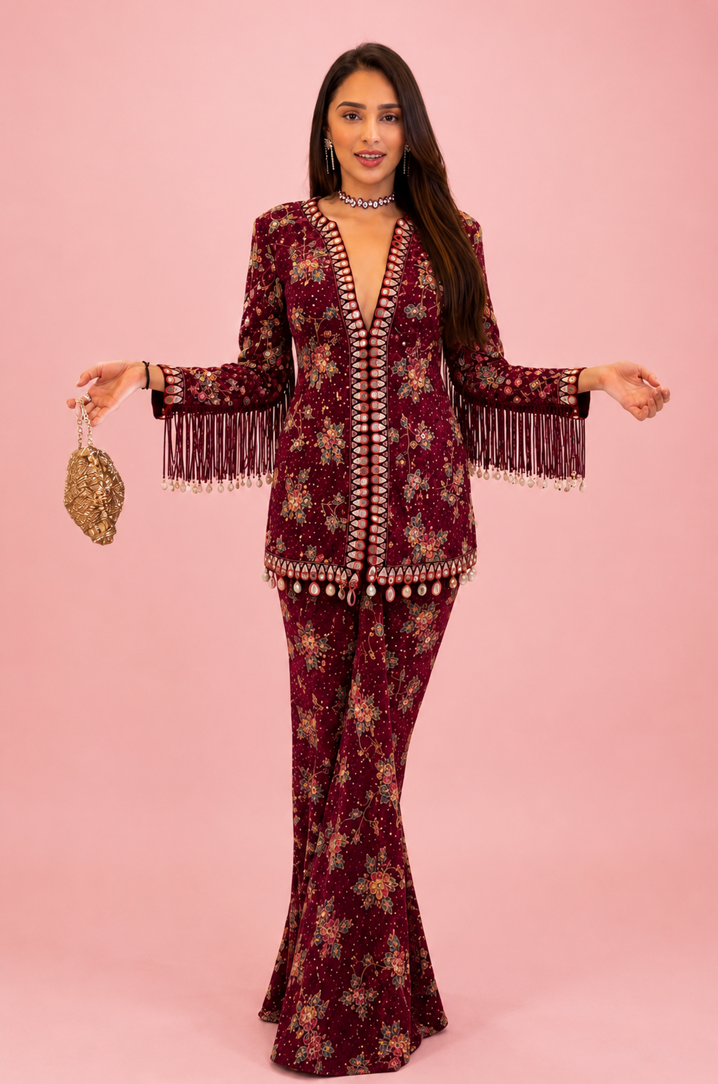 Wine Floral Printed Embellished Co-Ord Set for Women