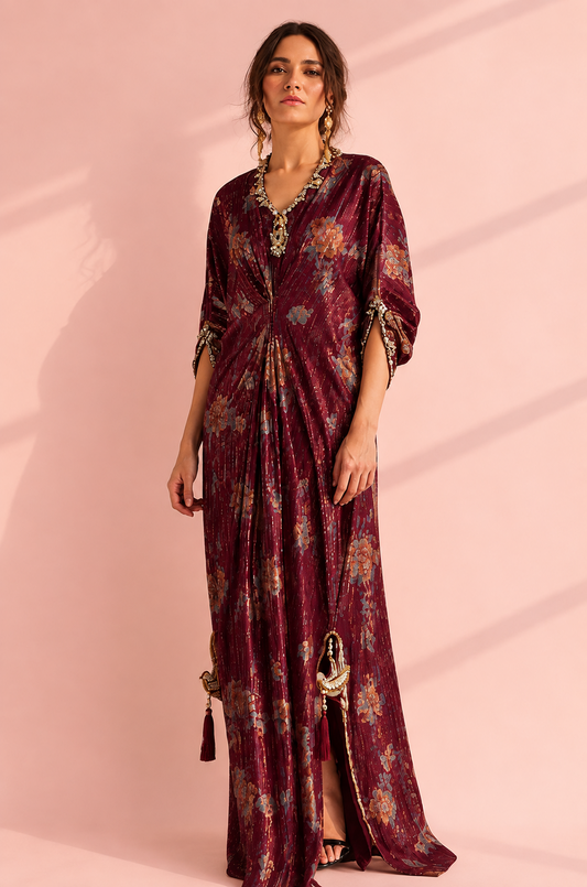 Wine Floral Printed Embellished Kaftan Dress for Women