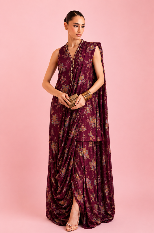 Wine Floral Printed Drape Co-Ord Set for Women – Indo-Western Designer Occasion Wear