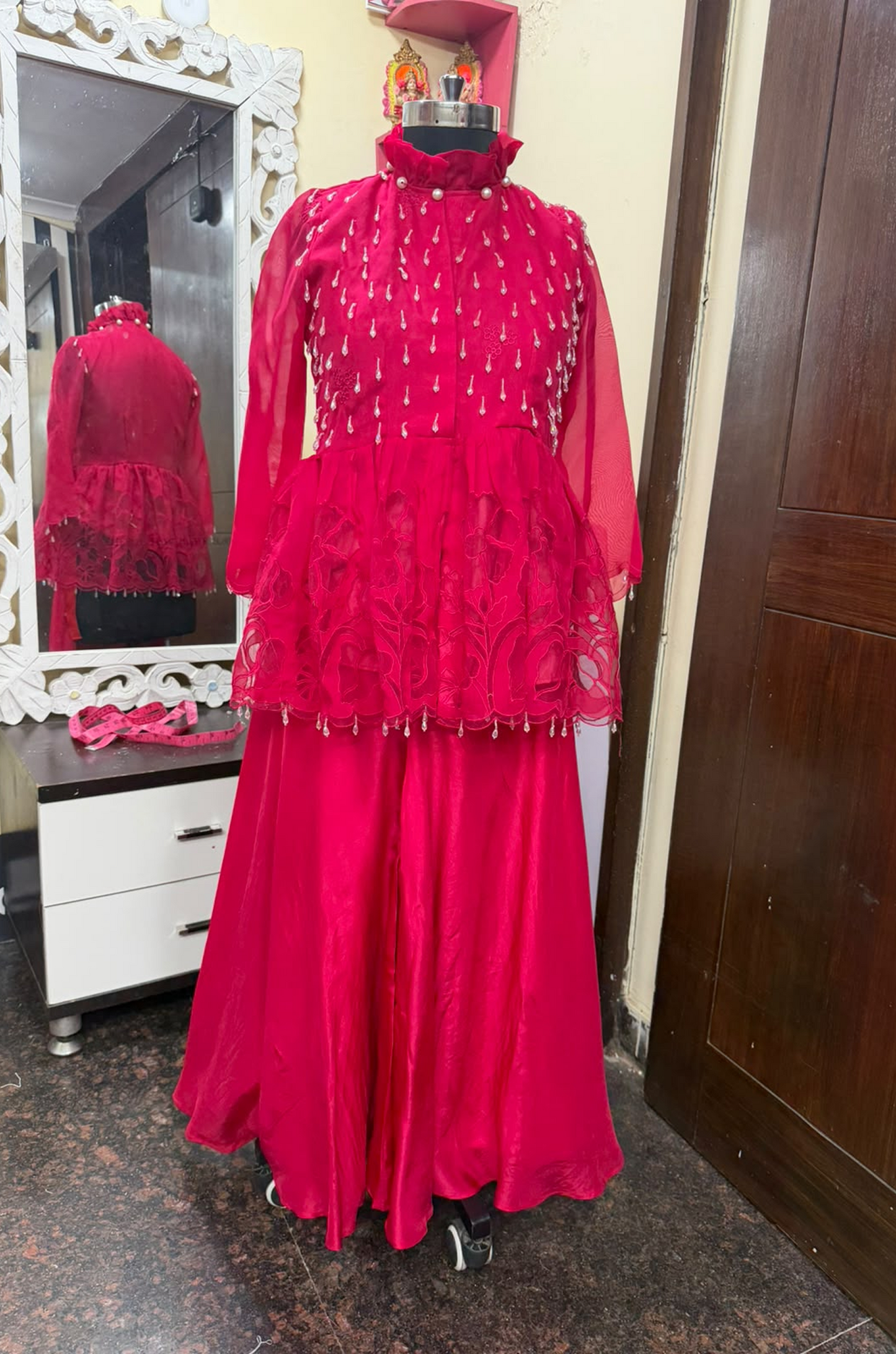 Fuchsia Embellished Peplum Kurta Set for Women – Designer Sharara Suit with Sheer Sleeves
