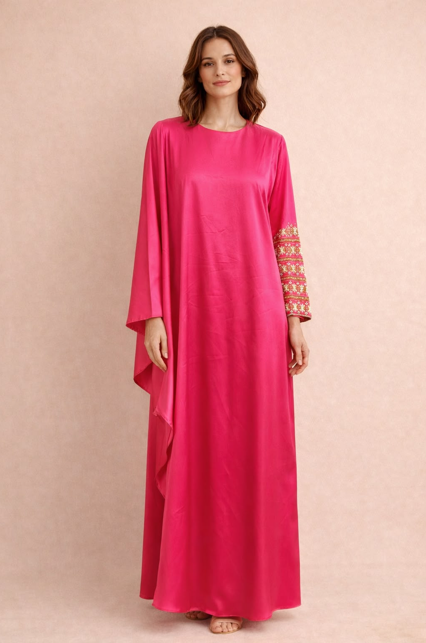 Fuchsia Pink Satin Kaftan Dress for Women – Embroidered Sleeve Designer Maxi Dress