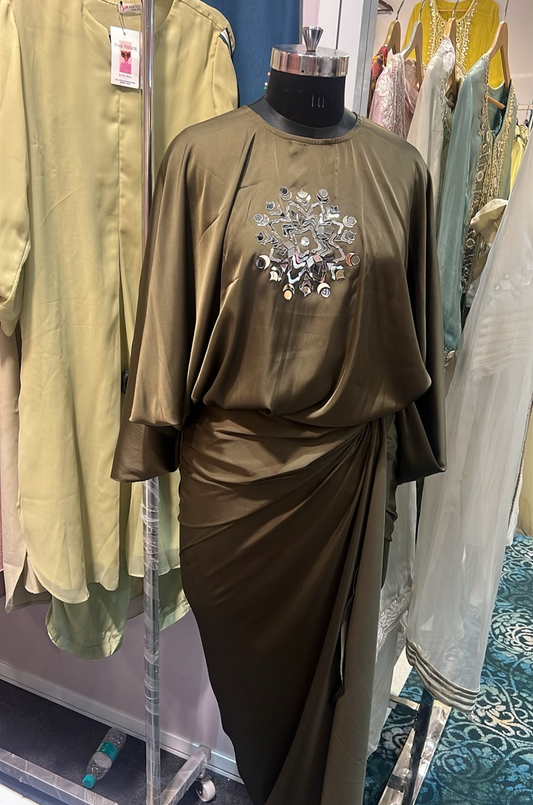 Olive Satin Draped Dress for Women – Mirror Embellished Designer Evening Dress