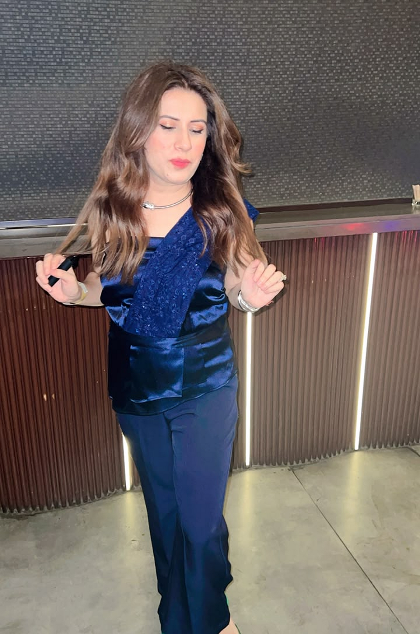 Midnight Blue Satin Co-Ord Set for Women – Embellished Drape Top & Tailored Pants