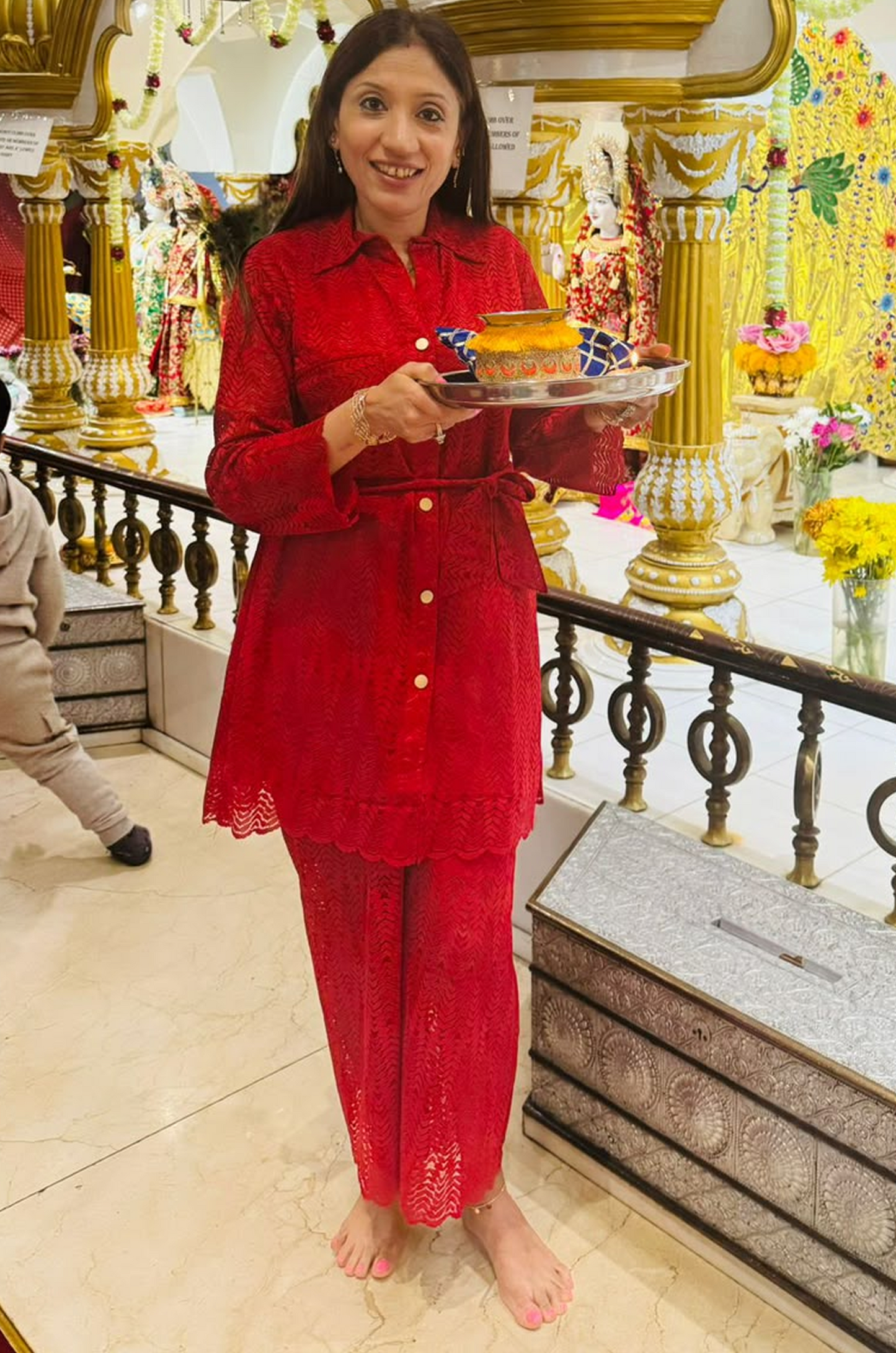Ruby Red Lace Co-Ord Set for Women – Belted Shirt & Straight Pants