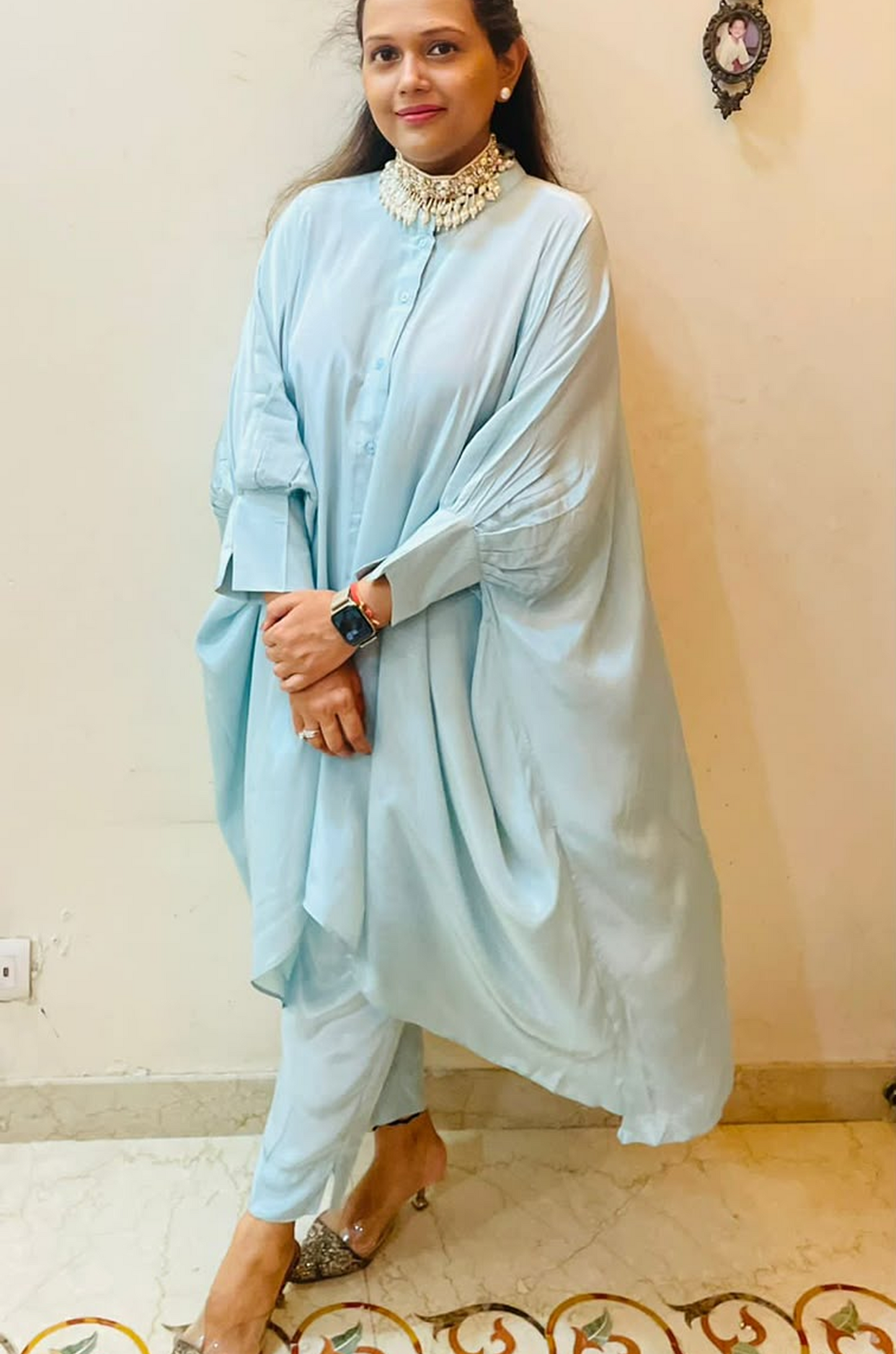 Powder Blue Draped Kaftan Co-Ord Set for Women