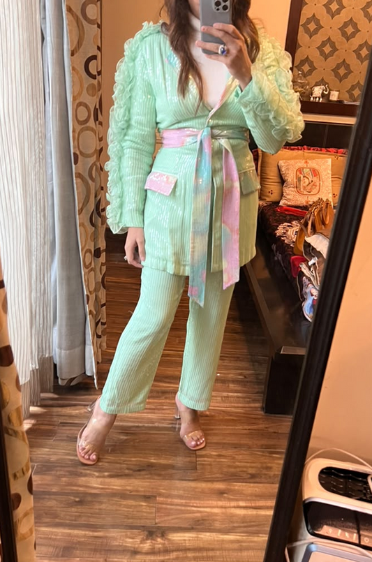 Mint Green Sequin Blazer Co-Ord Set with Iridescent Waist Belt