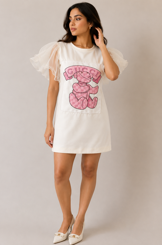 Ivory Teddy Graphic Mini Dress for Women