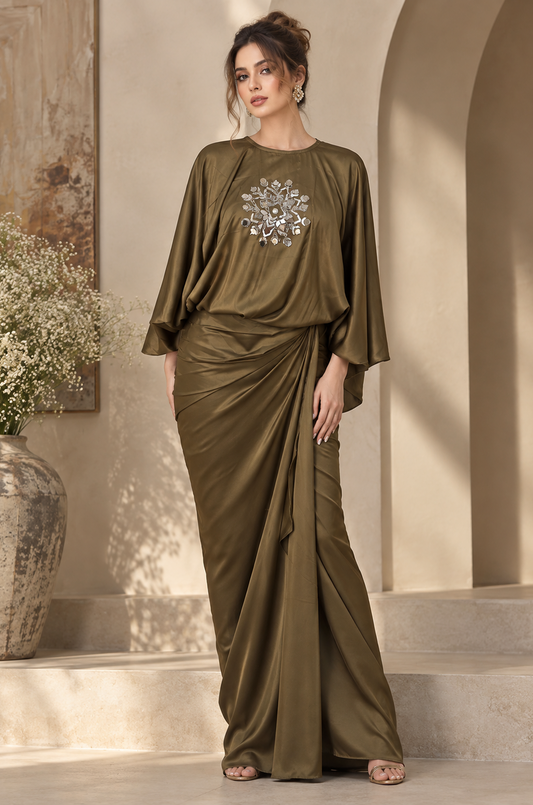 Olive Satin Draped Dress for Women – Mirror Embellished Designer Evening Dress