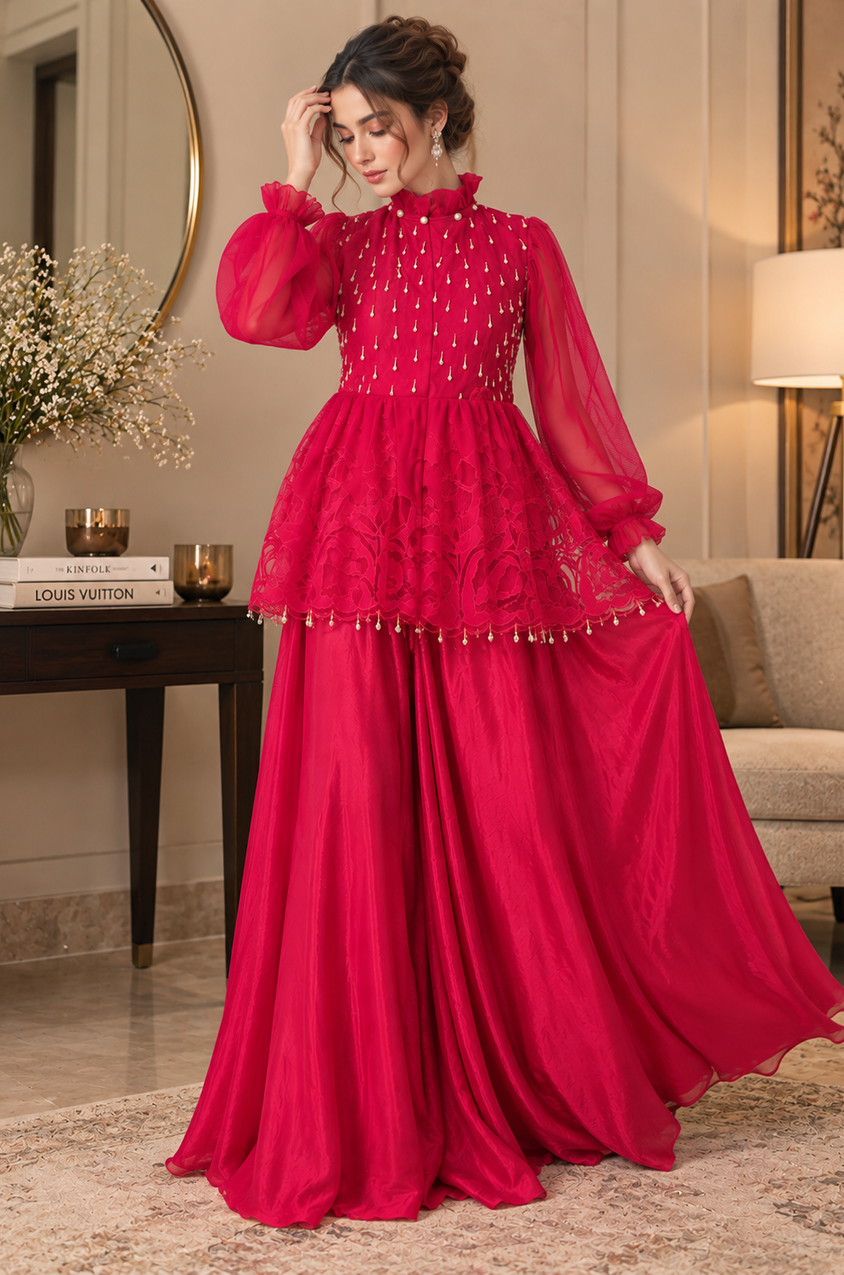 Fuchsia Embellished Peplum Kurta Set for Women – Designer Sharara Suit with Sheer Sleeves