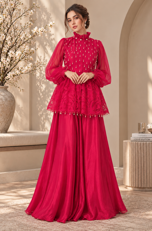 Fuchsia Embellished Peplum Kurta Set for Women – Designer Sharara Suit with Sheer Sleeves