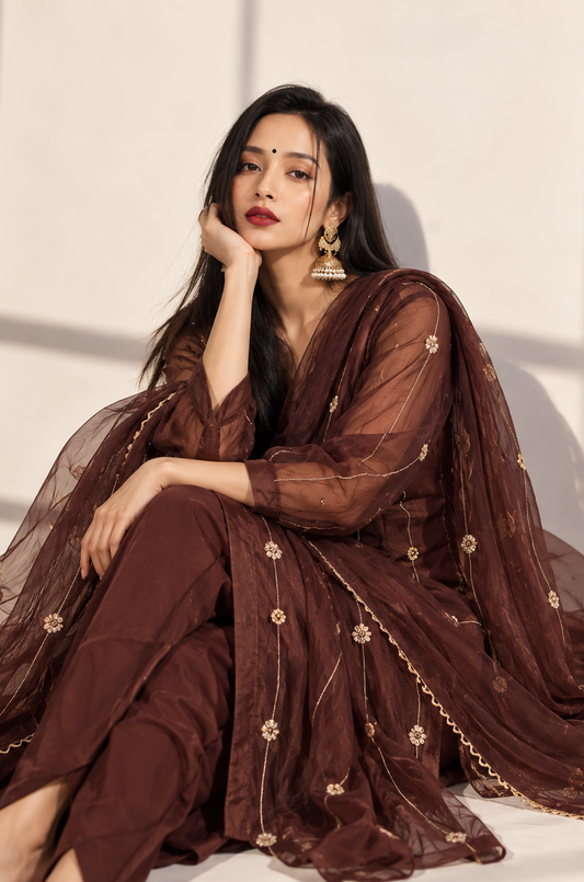 Chocolate Brown Embellished Kurta Set with Dupatta