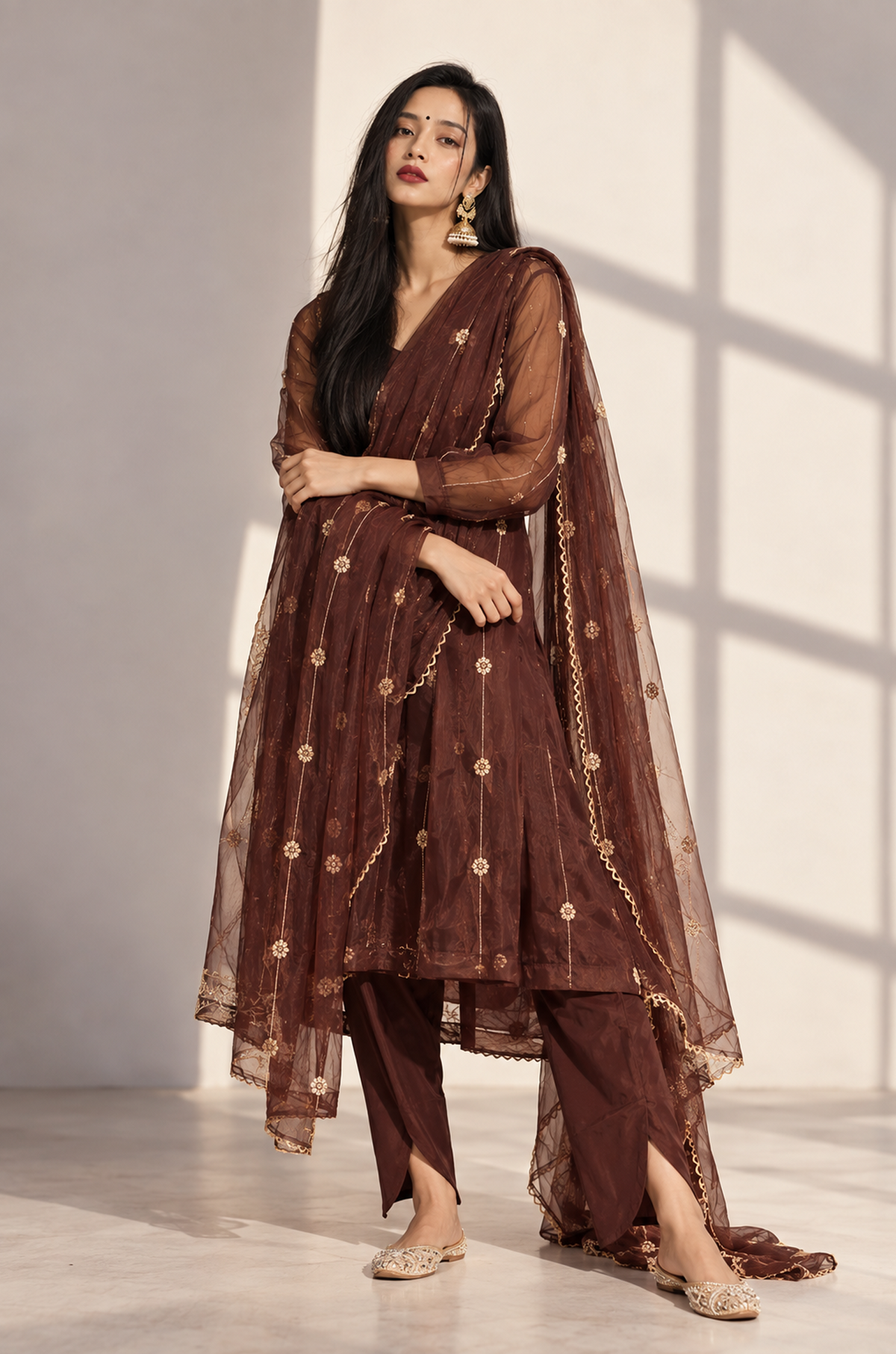 Chocolate Brown Embellished Kurta Set with Dupatta
