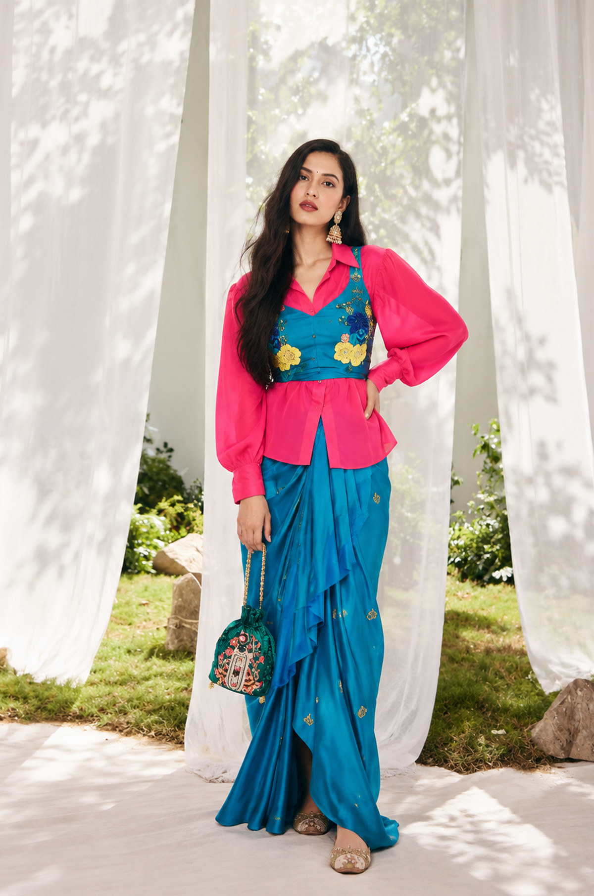 Pink & Teal Embellished Co-Ord Set with Draped Pants
